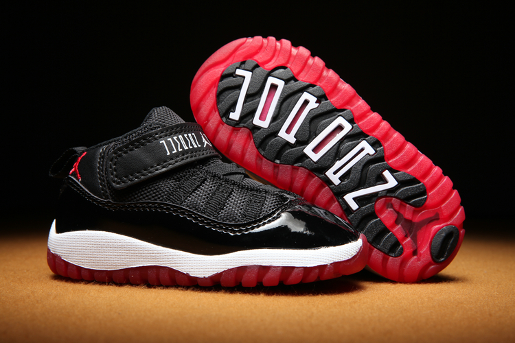 New Kids Jordan 11 Strap Black Red Shoes